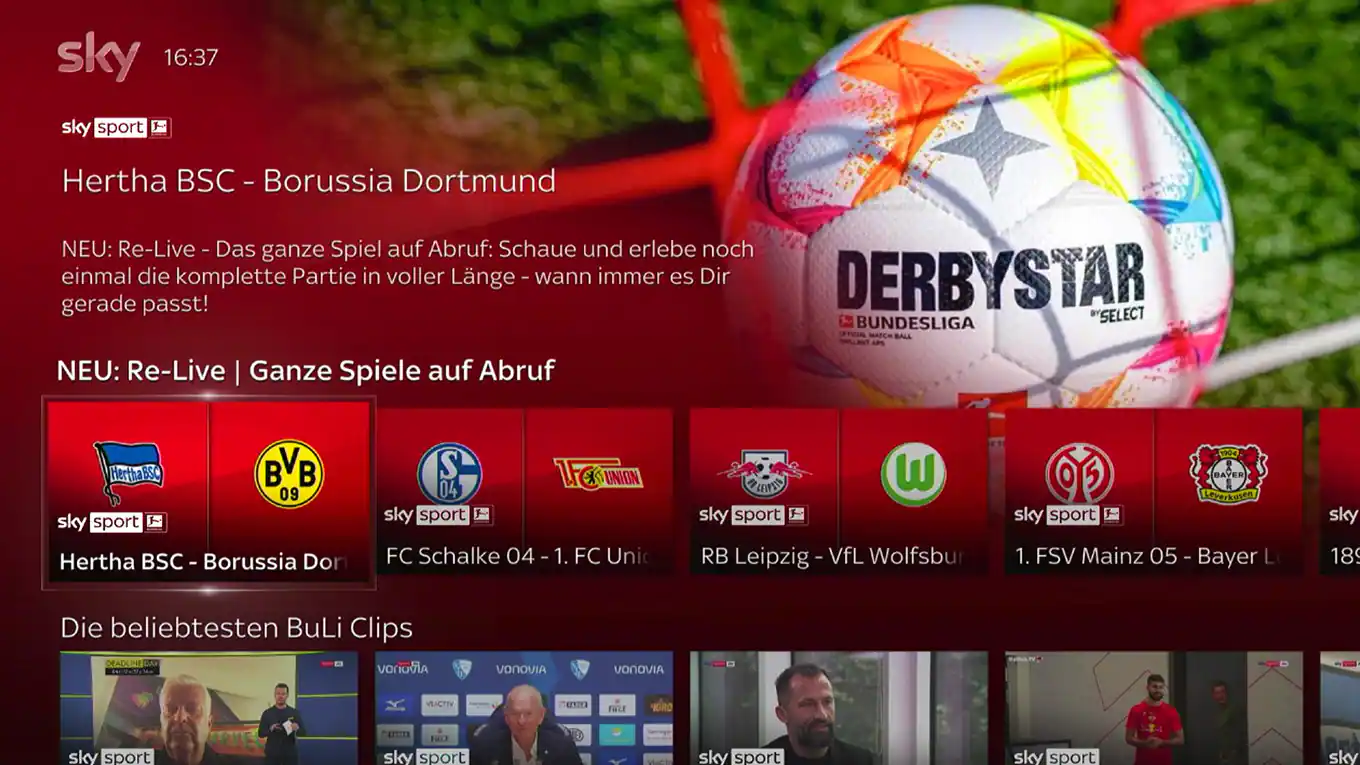 SkyfilmhubSports Interface showing Bundesliga content with Hertha BSC vs Borussia Dortmund
